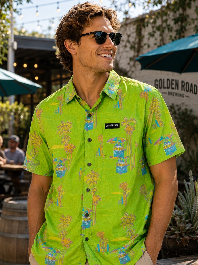 Golden Road Brewing Pineapple Cart Tropical Camp Shirt Large